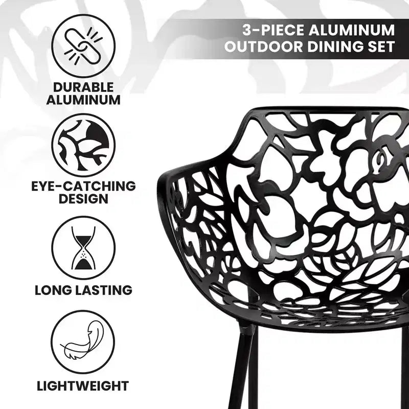 LeisureMod Devon 3-Piece Aluminum Outdoor Bistro Set - Glass Top Dining Table and 2 Stackable All-Weather Mesh Chairs