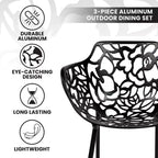LeisureMod Devon 3-Piece Aluminum Outdoor Bistro Set - Glass Top Dining Table and 2 Stackable All-Weather Mesh Chairs