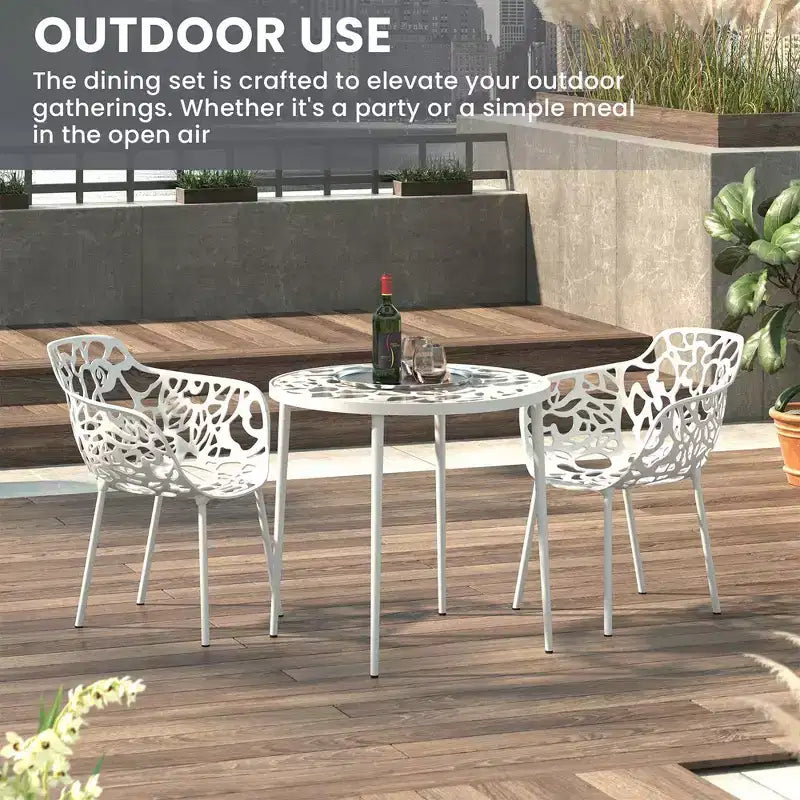 LeisureMod Devon 3-Piece Aluminum Outdoor Bistro Set - Glass Top Dining Table and 2 Stackable All-Weather Mesh Chairs