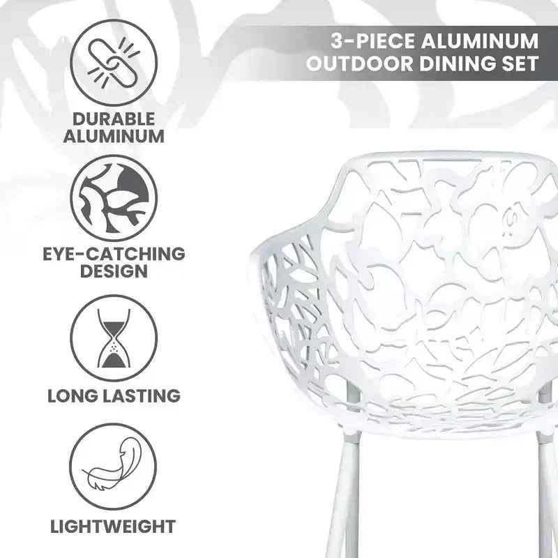 LeisureMod Devon 3-Piece Aluminum Outdoor Bistro Set - Glass Top Dining Table and 2 Stackable All-Weather Mesh Chairs