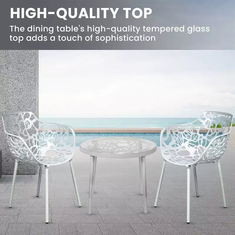 LeisureMod Devon 3-Piece Aluminum Outdoor Bistro Set - Glass Top Dining Table and 2 Stackable All-Weather Mesh Chairs