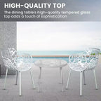 LeisureMod Devon 3-Piece Aluminum Outdoor Bistro Set - Glass Top Dining Table and 2 Stackable All-Weather Mesh Chairs