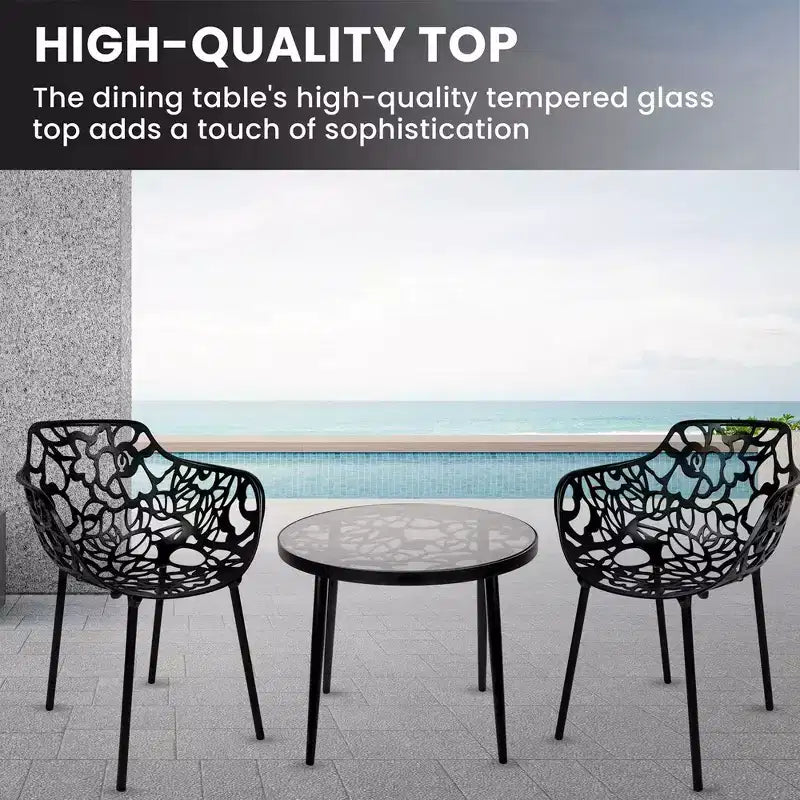 LeisureMod Devon 3-Piece Aluminum Outdoor Bistro Set - Glass Top Dining Table and 2 Stackable All-Weather Mesh Chairs