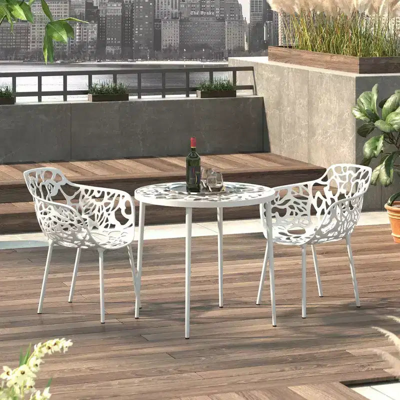LeisureMod Devon 3-Piece Aluminum Outdoor Bistro Set - Glass Top Dining Table and 2 Stackable All-Weather Mesh Chairs