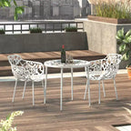 LeisureMod Devon 3-Piece Aluminum Outdoor Bistro Set - Glass Top Dining Table and 2 Stackable All-Weather Mesh Chairs