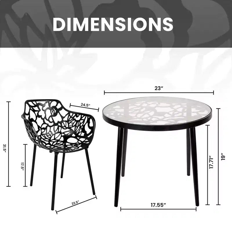 LeisureMod Devon 3-Piece Aluminum Outdoor Bistro Set - Glass Top Dining Table and 2 Stackable All-Weather Mesh Chairs
