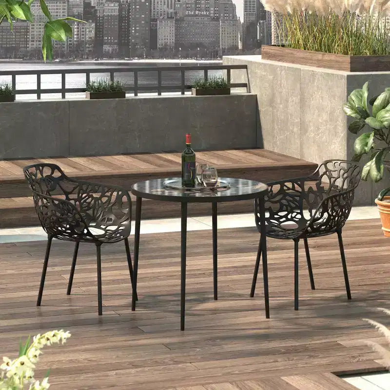 LeisureMod Devon 3-Piece Aluminum Outdoor Bistro Set - Glass Top Dining Table and 2 Stackable All-Weather Mesh Chairs
