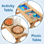 Casafield Children's Sand and Water Activity Table, 3-in-1 Wooden Outdoor Picnic Table with Umbrella, 2 Play Boxes and Removable Lid, Natural