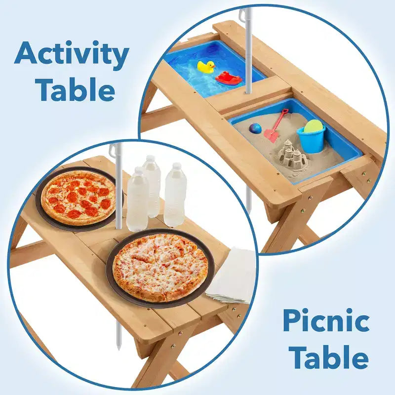 Casafield Children's Sand and Water Activity Table, 3-in-1 Wooden Outdoor Picnic Table with Umbrella, 2 Play Boxes and Removable Lid, Natural