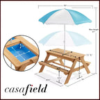 Casafield Children's Sand and Water Activity Table, 3-in-1 Wooden Outdoor Picnic Table with Umbrella, 2 Play Boxes and Removable Lid, Natural