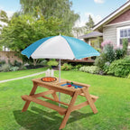 Casafield Children's Sand and Water Activity Table, 3-in-1 Wooden Outdoor Picnic Table with Umbrella, 2 Play Boxes and Removable Lid, Natural