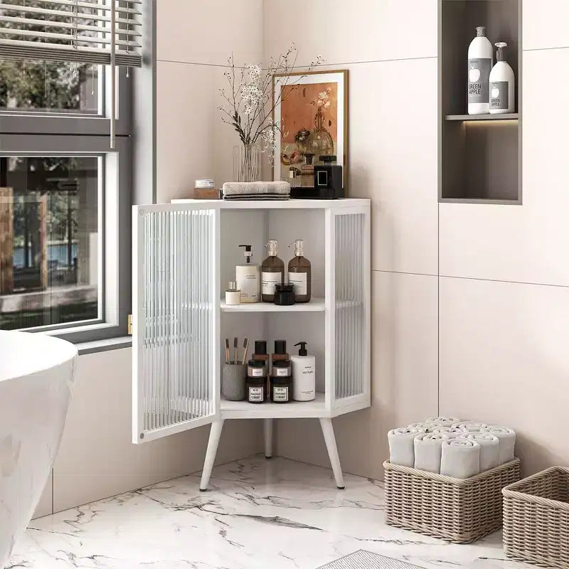 22.25 Inch Floor Coner Cabinet With Tempered Glass Door And Adjustable Shelf For Bathroom, Living Room, Bedroom, Home