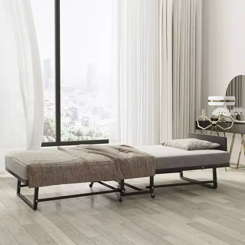Folding Bed With Mattress, Portable Guest Beds With 4 Wheels, 4 Foam Mattress & Metal Frame, Space Saving Cot Size Roll way Bed For Home Guest Room