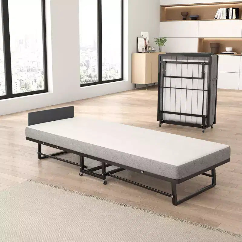 Folding Bed With Mattress, Portable Guest Beds With 4 Wheels, 4 Foam Mattress & Metal Frame, Space Saving Cot Size Roll way Bed For Home Guest Room