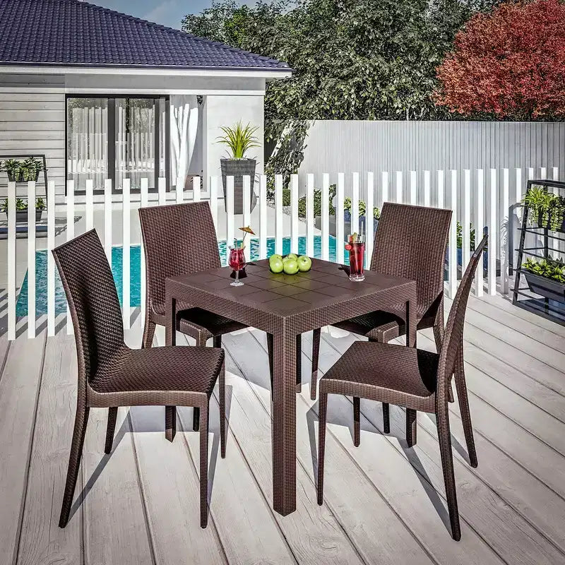 LeisureMod Mace 5-Piece Mid-Century Modern Outdoor Bistro Set - White Round Table with 4 Stackable Chairs