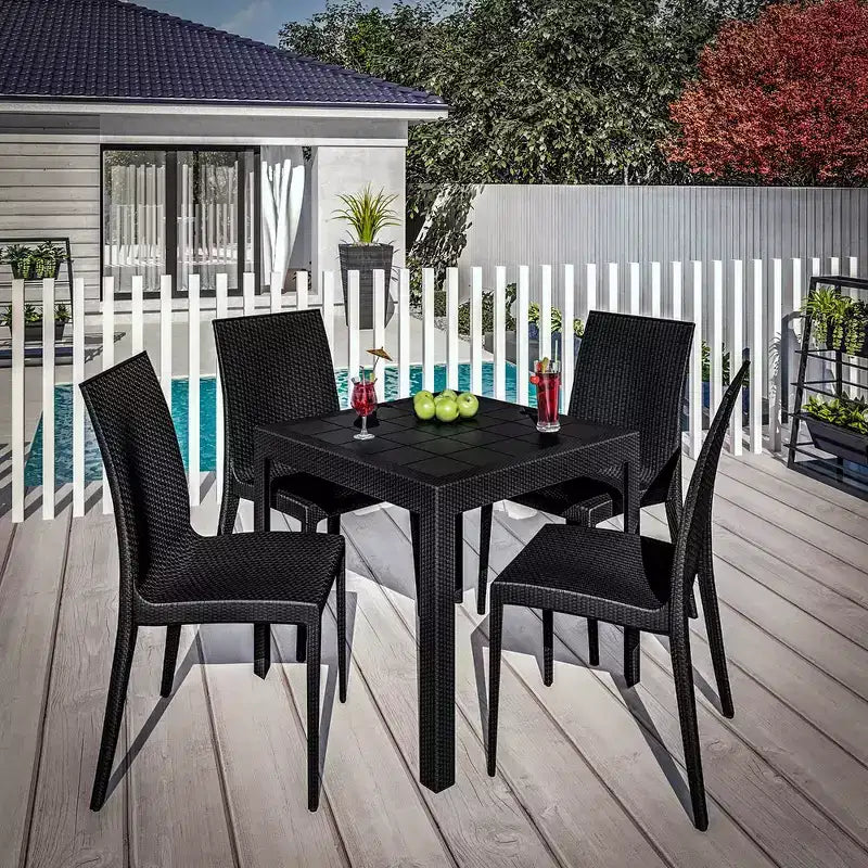 LeisureMod Mace 5-Piece Mid-Century Modern Outdoor Bistro Set - White Round Table with 4 Stackable Chairs