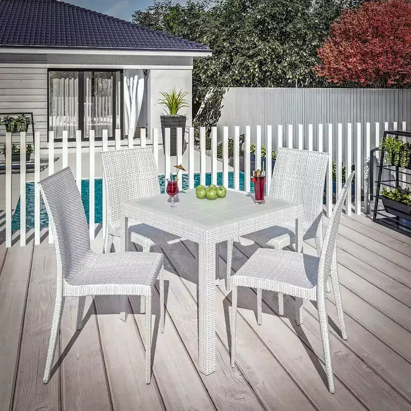LeisureMod Mace 5-Piece Mid-Century Modern Outdoor Bistro Set - White Round Table with 4 Stackable Chairs