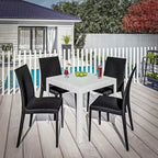 LeisureMod Mace 5-Piece Mid-Century Modern Outdoor Bistro Set - White Round Table with 4 Stackable Chairs