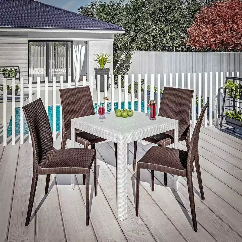 LeisureMod Mace 5-Piece Mid-Century Modern Outdoor Bistro Set - White Round Table with 4 Stackable Chairs