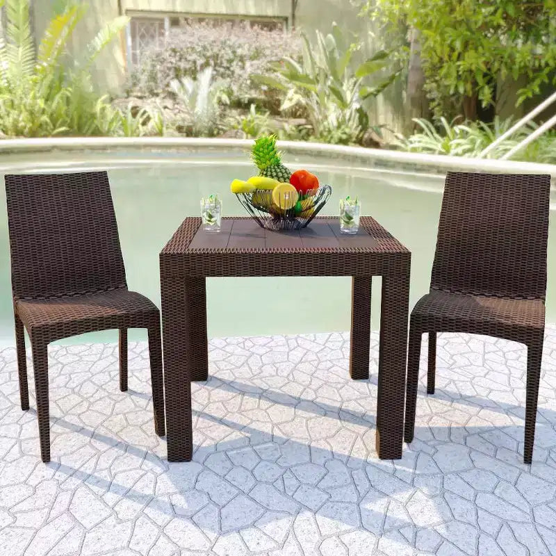 LeisureMod Mace 3-Piece Mid-Century Modern Outdoor Bistro Set - White Round Table with 2 Stackable Chairs