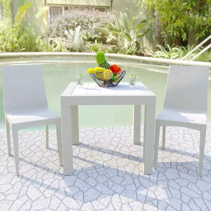 LeisureMod Mace 3-Piece Mid-Century Modern Outdoor Bistro Set - White Round Table with 2 Stackable Chairs