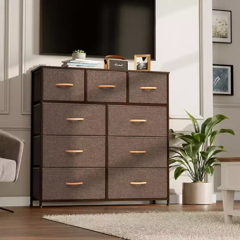 Crestlive Products 9-Drawer Extra Wide Fabric Dresser for Bedroom Clothes Storage Tower with Sturdy Steel Frame Wood Top Easy Pull Bins Wood Handles