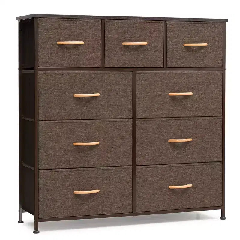 Crestlive Products 9-Drawer Extra Wide Fabric Dresser for Bedroom Clothes Storage Tower with Sturdy Steel Frame Wood Top Easy Pull Bins Wood Handles