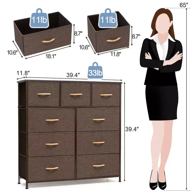 Crestlive Products 9-Drawer Extra Wide Fabric Dresser for Bedroom Clothes Storage Tower with Sturdy Steel Frame Wood Top Easy Pull Bins Wood Handles