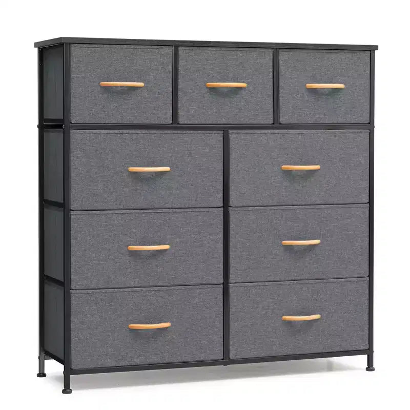 Crestlive Products 9-Drawer Extra Wide Fabric Dresser for Bedroom Clothes Storage Tower with Sturdy Steel Frame Wood Top Easy Pull Bins Wood Handles