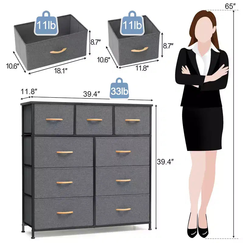 Crestlive Products 9-Drawer Extra Wide Fabric Dresser for Bedroom Clothes Storage Tower with Sturdy Steel Frame Wood Top Easy Pull Bins Wood Handles