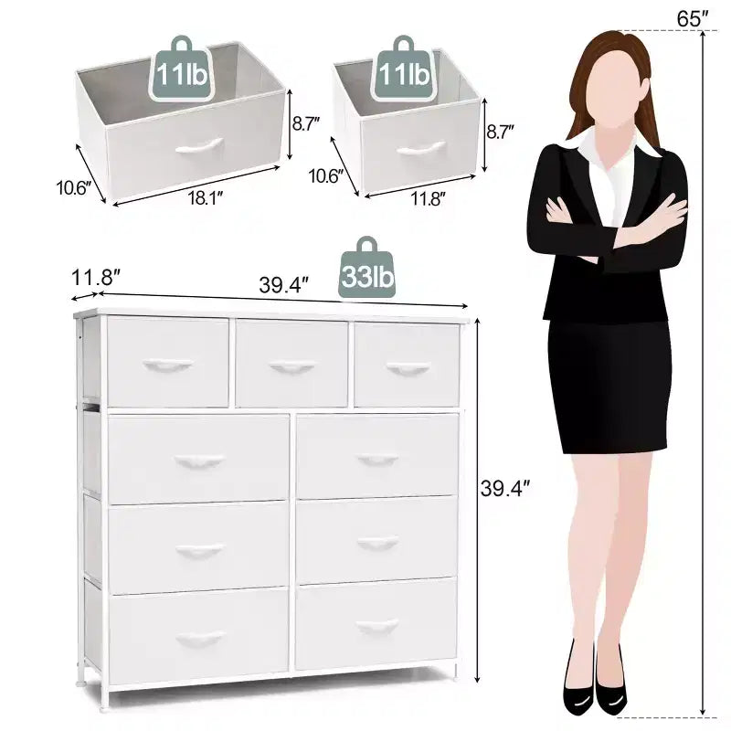 Crestlive Products 9-Drawer Extra Wide Fabric Dresser for Bedroom Clothes Storage Tower with Sturdy Steel Frame Wood Top Easy Pull Bins Wood Handles