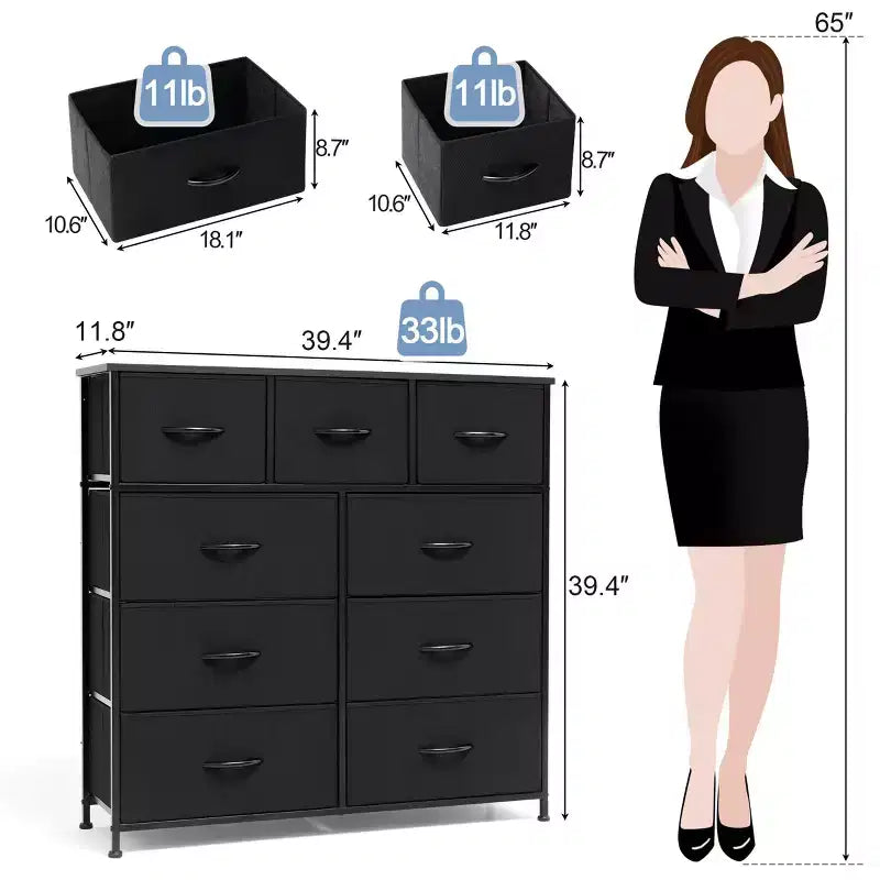 Crestlive Products 9-Drawer Extra Wide Fabric Dresser for Bedroom Clothes Storage Tower with Sturdy Steel Frame Wood Top Easy Pull Bins Wood Handles