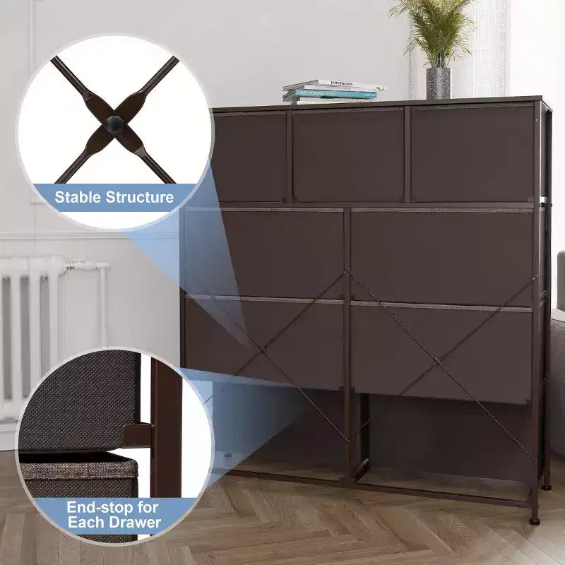 Crestlive Products 9-Drawer Extra Wide Fabric Dresser for Bedroom Clothes Storage Tower with Sturdy Steel Frame Wood Top Easy Pull Bins Wood Handles