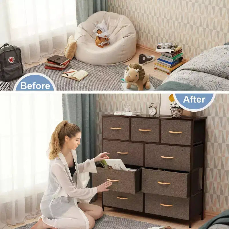 Crestlive Products 9-Drawer Extra Wide Fabric Dresser for Bedroom Clothes Storage Tower with Sturdy Steel Frame Wood Top Easy Pull Bins Wood Handles