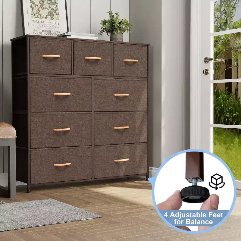 Crestlive Products 9-Drawer Extra Wide Fabric Dresser for Bedroom Clothes Storage Tower with Sturdy Steel Frame Wood Top Easy Pull Bins Wood Handles
