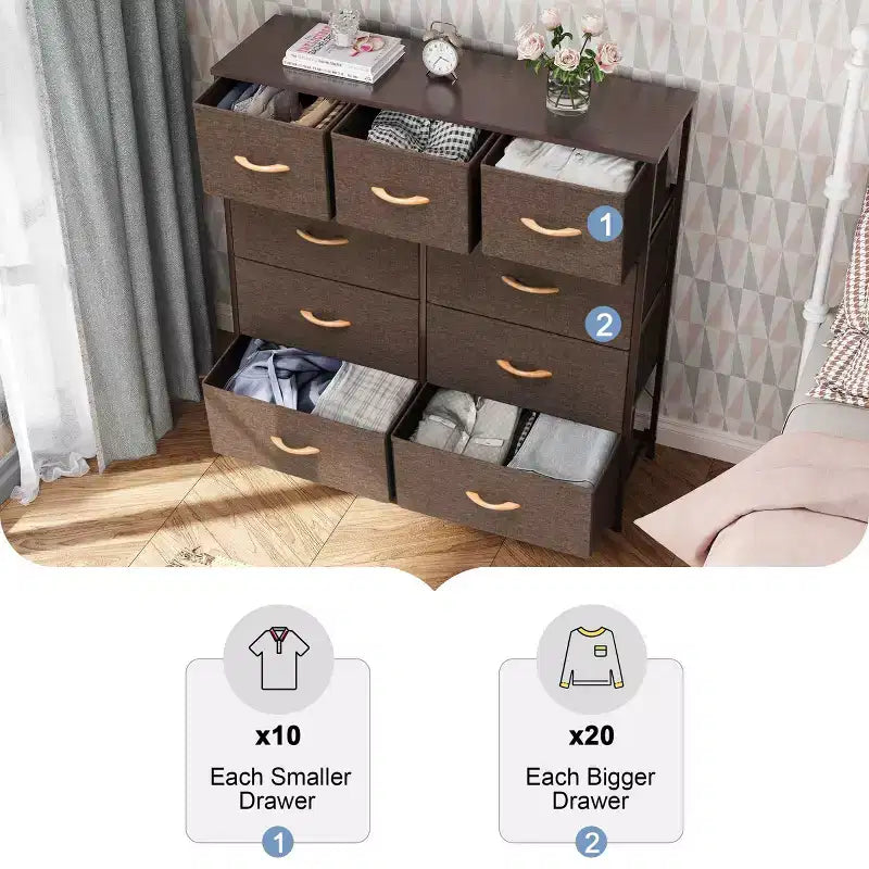 Crestlive Products 9-Drawer Extra Wide Fabric Dresser for Bedroom Clothes Storage Tower with Sturdy Steel Frame Wood Top Easy Pull Bins Wood Handles