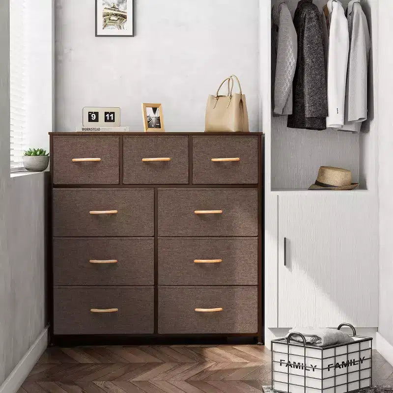 Crestlive Products 9-Drawer Extra Wide Fabric Dresser for Bedroom Clothes Storage Tower with Sturdy Steel Frame Wood Top Easy Pull Bins Wood Handles