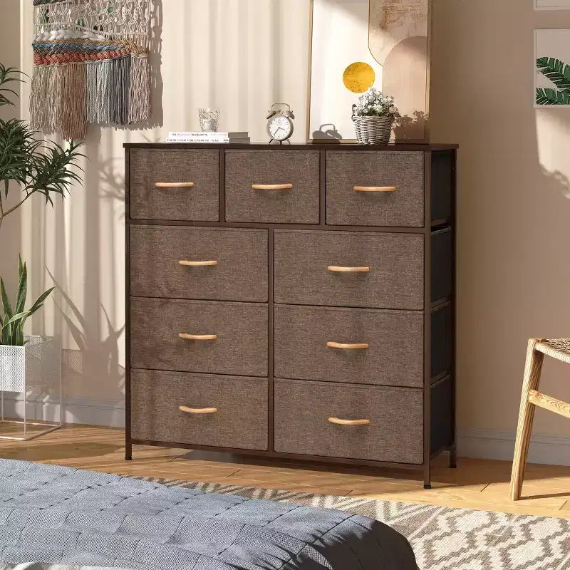 Crestlive Products 9-Drawer Extra Wide Fabric Dresser for Bedroom Clothes Storage Tower with Sturdy Steel Frame Wood Top Easy Pull Bins Wood Handles