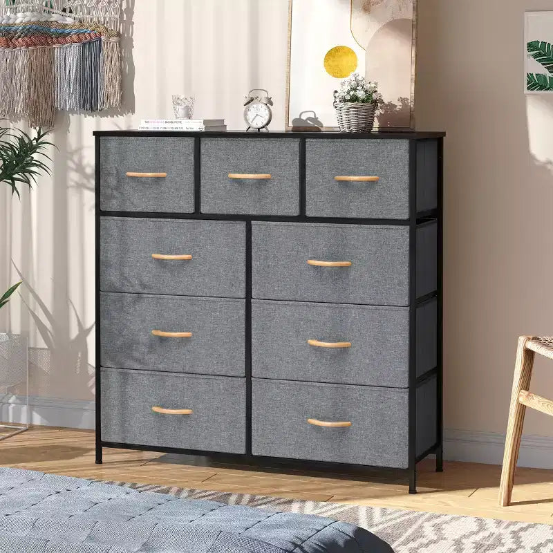 Crestlive Products 9-Drawer Extra Wide Fabric Dresser for Bedroom Clothes Storage Tower with Sturdy Steel Frame Wood Top Easy Pull Bins Wood Handles