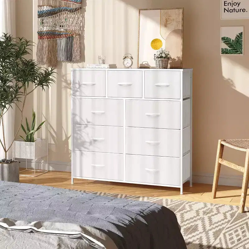 Crestlive Products 9-Drawer Extra Wide Fabric Dresser for Bedroom Clothes Storage Tower with Sturdy Steel Frame Wood Top Easy Pull Bins Wood Handles