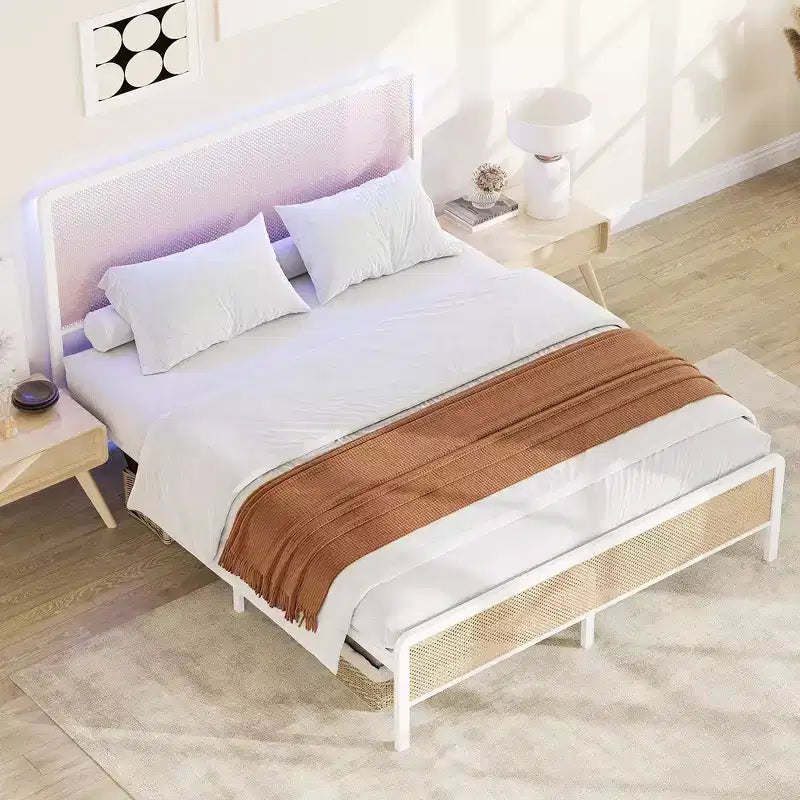 Full/Queen Size Rattan Bed Frame with Led Light Headboard