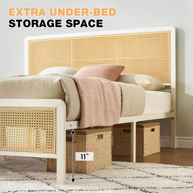 Full/Queen Size Rattan Bed Frame with Led Light Headboard