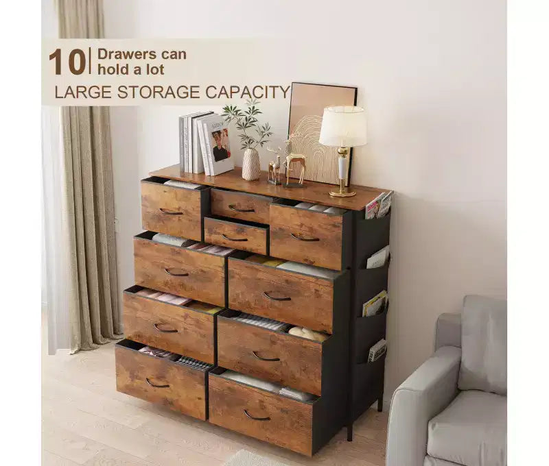 10-Drawer Fabric Dresser Storage Organizer Steel Frame with Wooden Top Side Pockets Rustic Brown