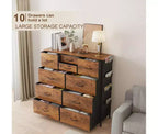 10-Drawer Fabric Dresser Storage Organizer Steel Frame with Wooden Top Side Pockets Rustic Brown
