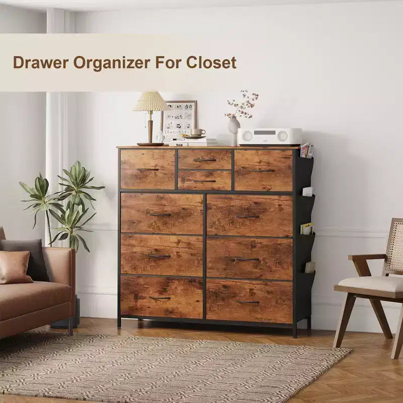 10-Drawer Fabric Dresser Storage Organizer Steel Frame with Wooden Top Side Pockets Rustic Brown