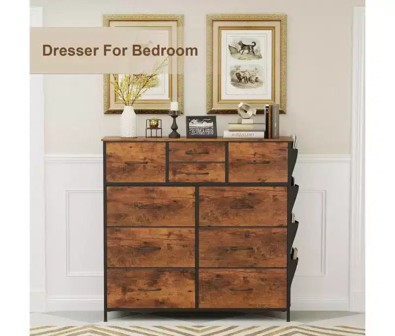 10-Drawer Fabric Dresser Storage Organizer Steel Frame with Wooden Top Side Pockets Rustic Brown