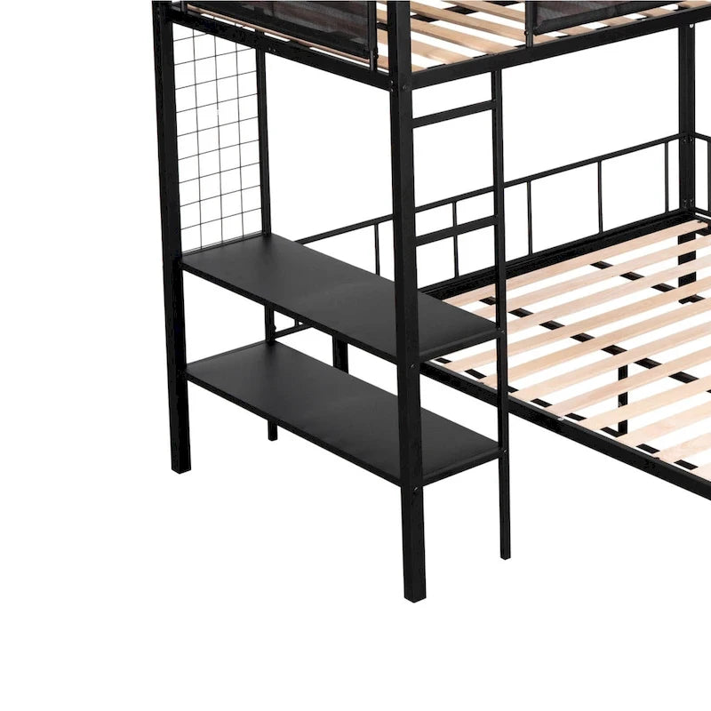 Metal Twin over Full Bunk with Shelves & Grid Panel/ Sturdy Metal Bed Frame Separated Full size Bed