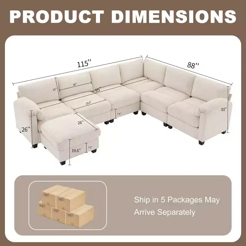 Hyleory 115 Corduroy Oversized Modular Sectional Sofa, U Shaped Couch with Movable Ottoman, Large 7 Seater Corner Sofa for Living Room