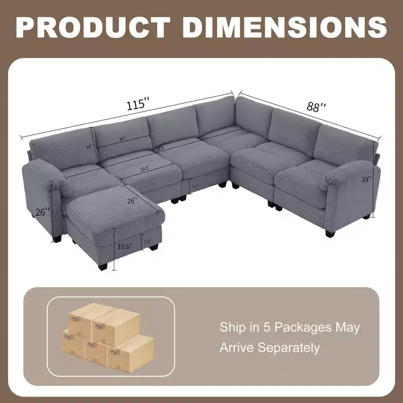 Hyleory 115 Corduroy Oversized Modular Sectional Sofa, U Shaped Couch with Movable Ottoman, Large 7 Seater Corner Sofa for Living Room