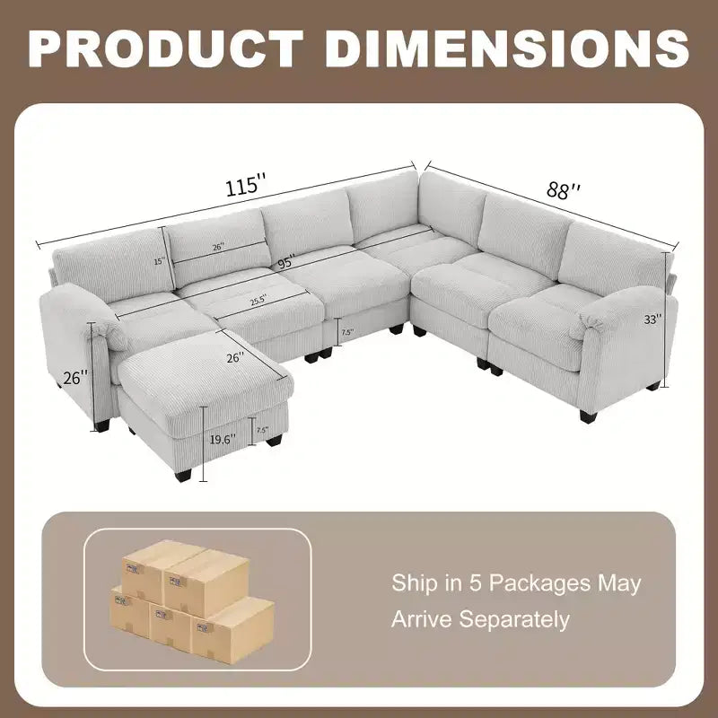 Hyleory 115 Corduroy Oversized Modular Sectional Sofa, U Shaped Couch with Movable Ottoman, Large 7 Seater Corner Sofa for Living Room